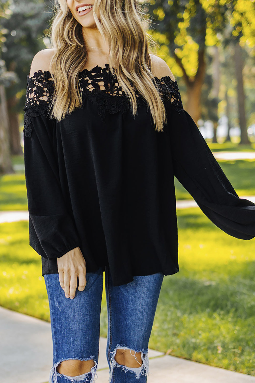 Top for Women Off The Shoulder Blooming Lace-Trimmed