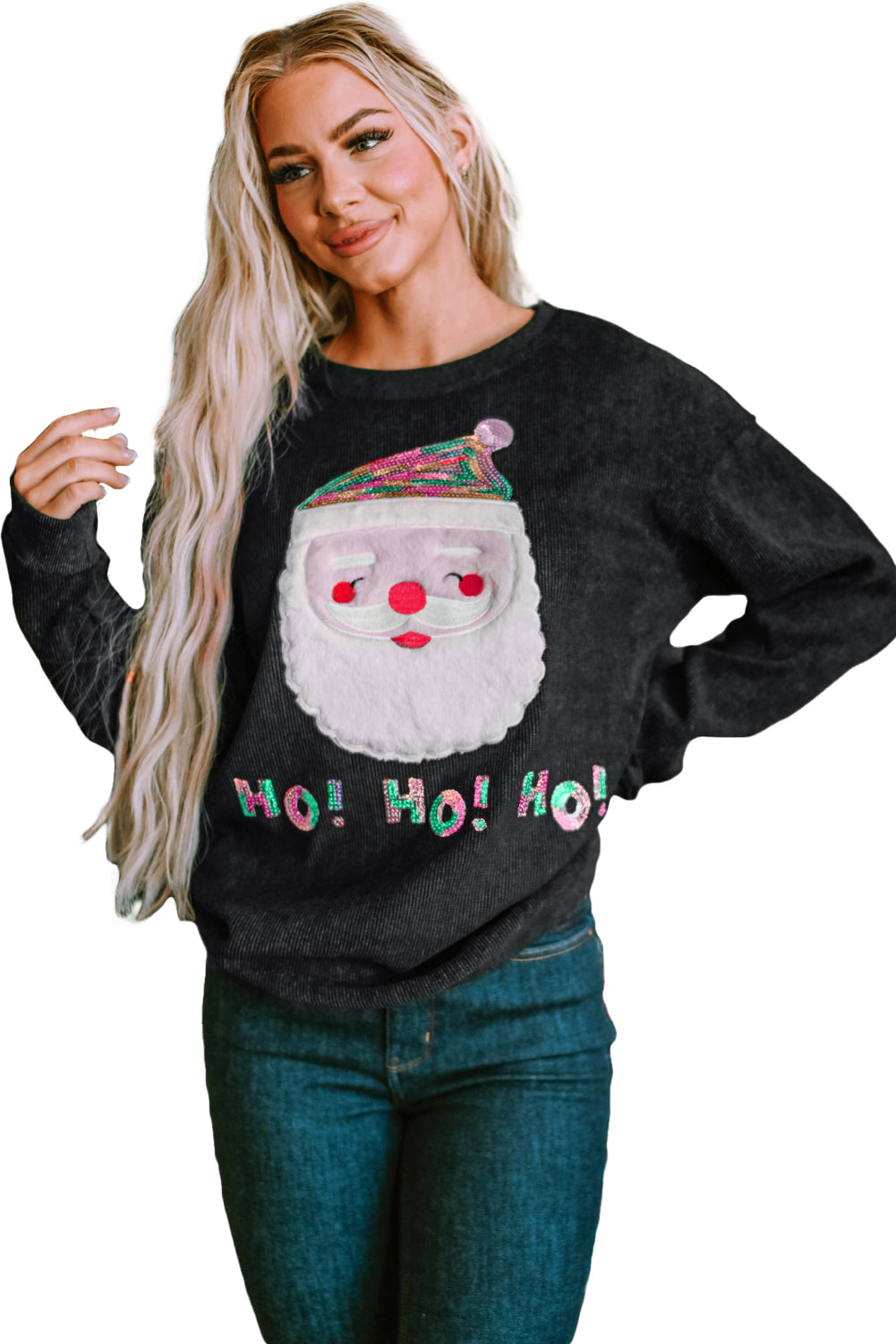 Graphic Sweatshirt for Women Santa Claus Sequin HO HO HO