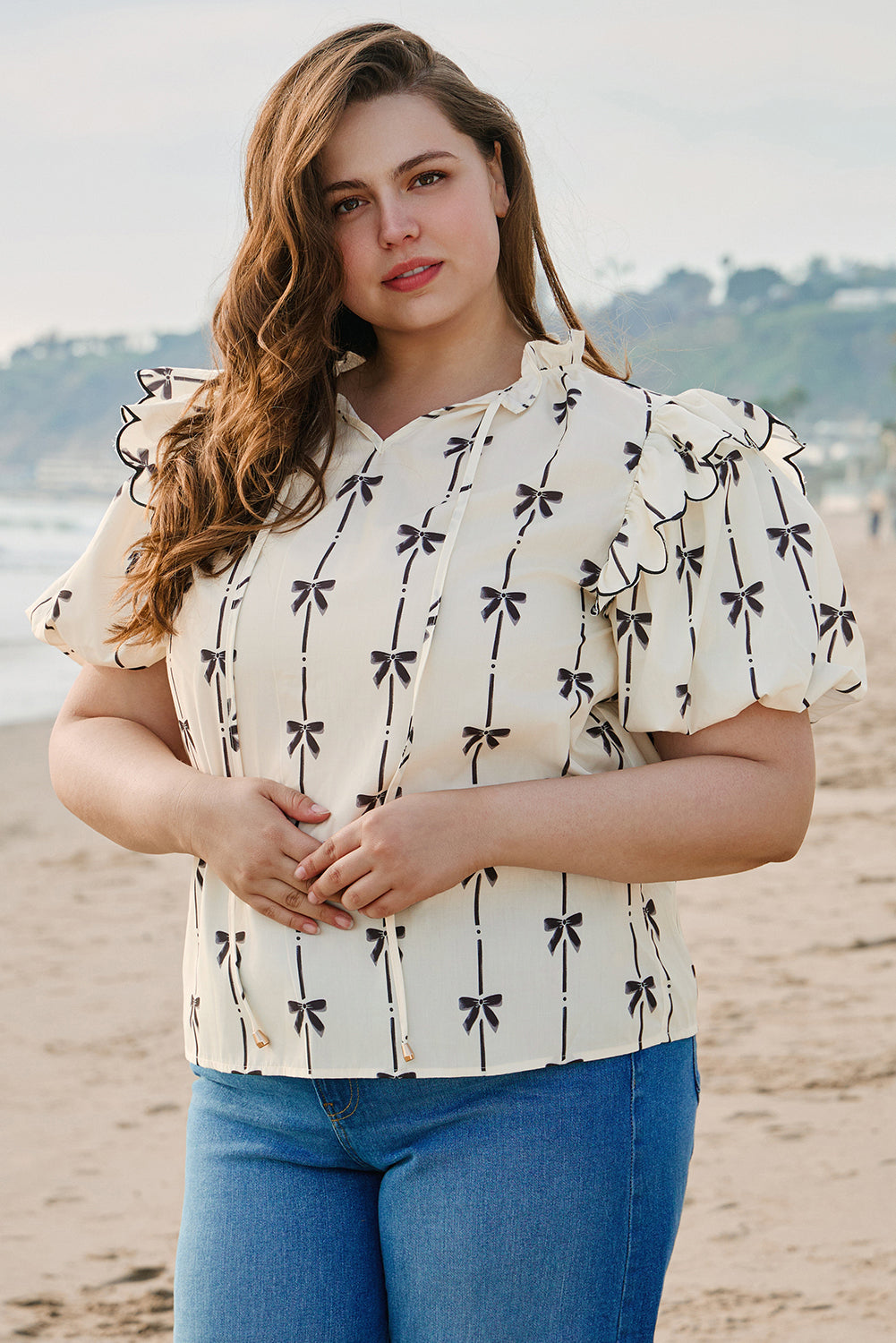Bow Printed Ruffled Lace-up Notched Neck Plus Size Blouse