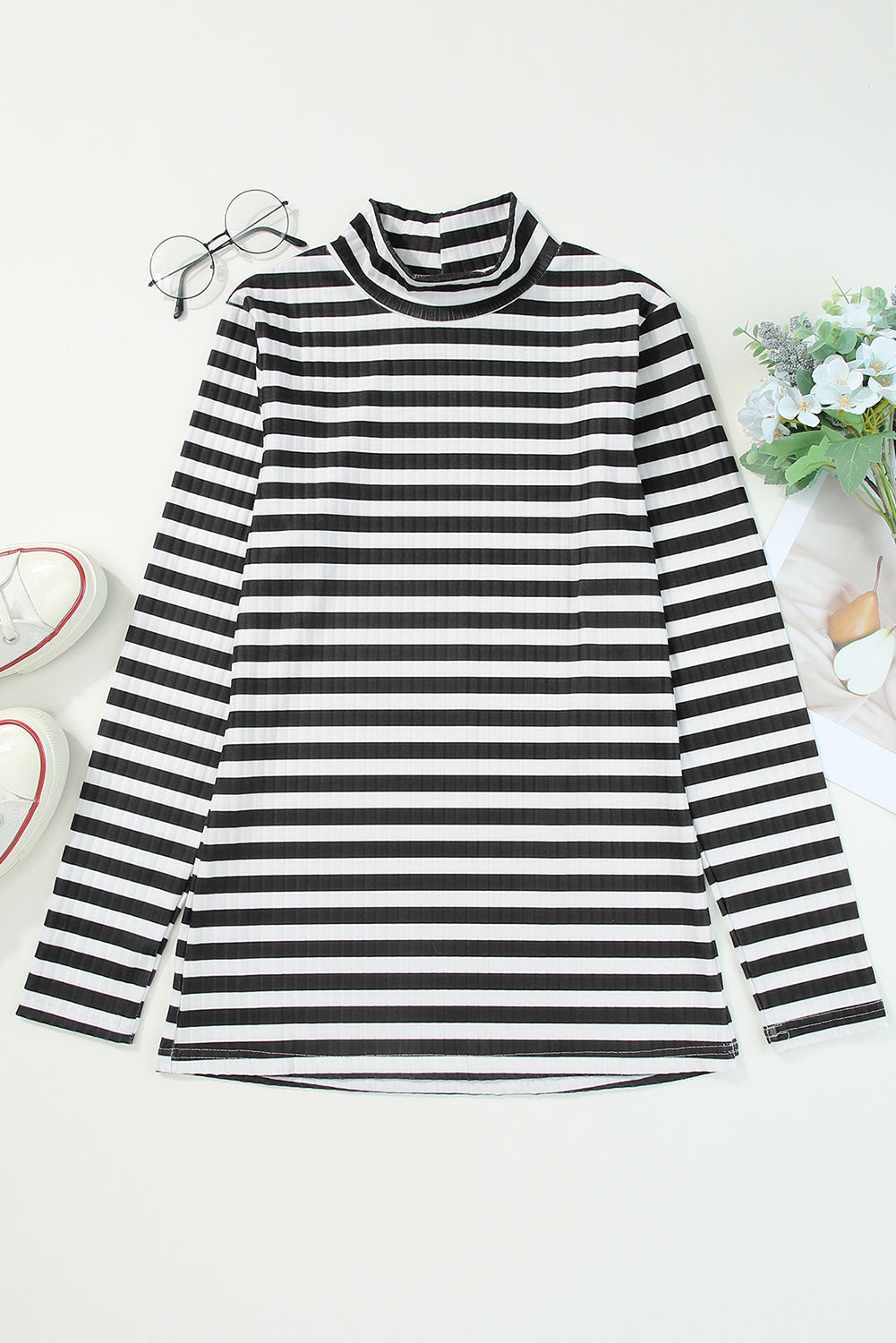 Women's Tee with Long-Sleeve Striped Textured Knitted