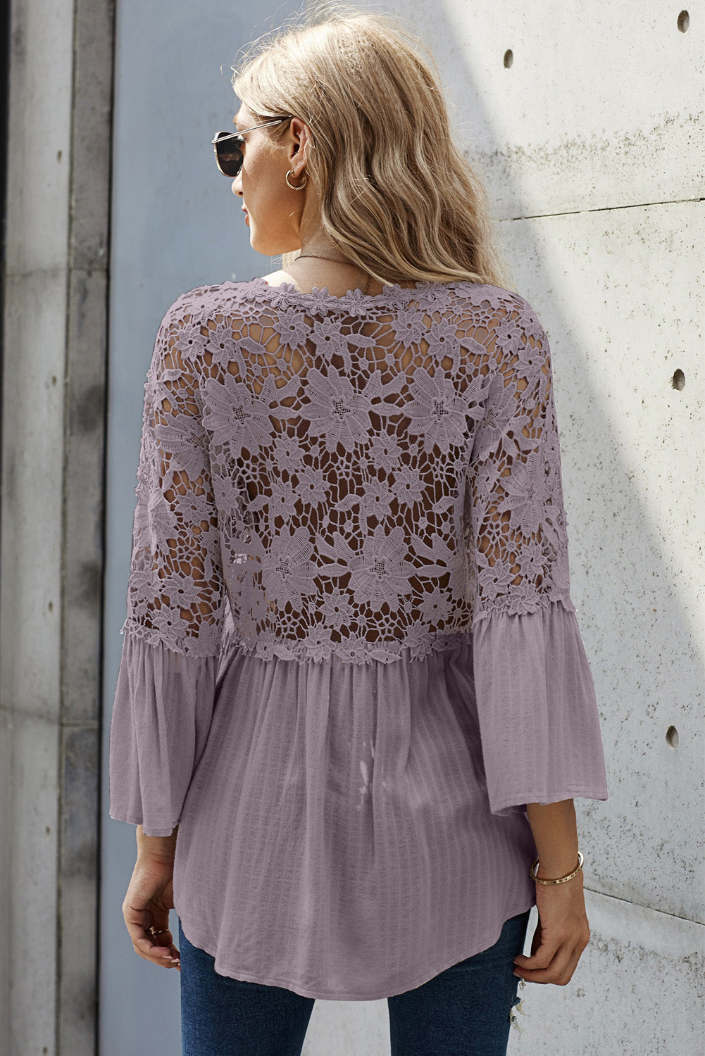 Women's Top with Crochet Lace-Trimmed Button Blouse Chic Purple