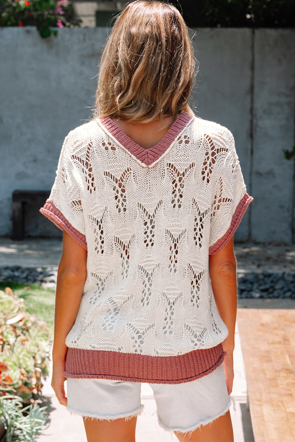 Embroidered Edge Flowers Colorblock Hollowed Knit Top