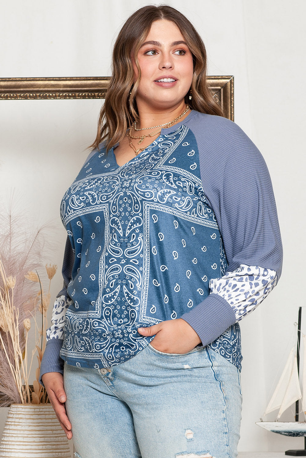 Women's Top with Plus Size Paisley Split Neck
