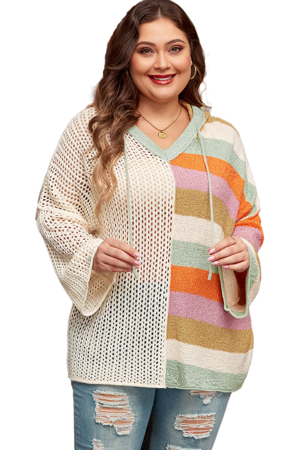 Women's Sweater with Hooded Plus Pointelle Knitted