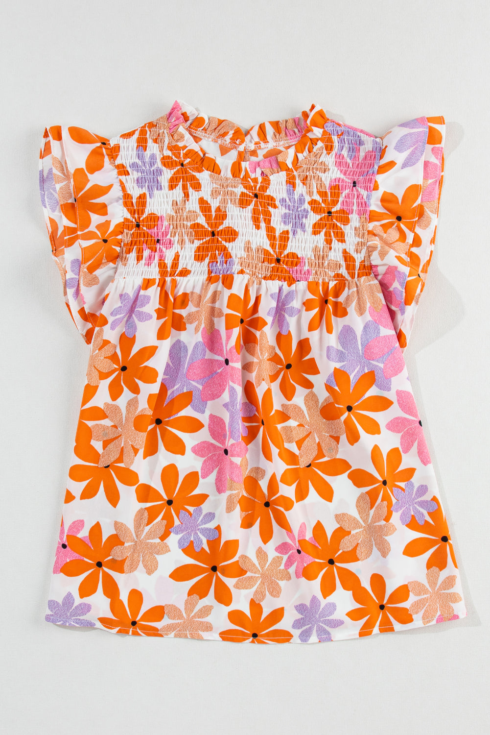 Women's Ruffle-Trimmed Sleeve Shirred Floral-Print Top