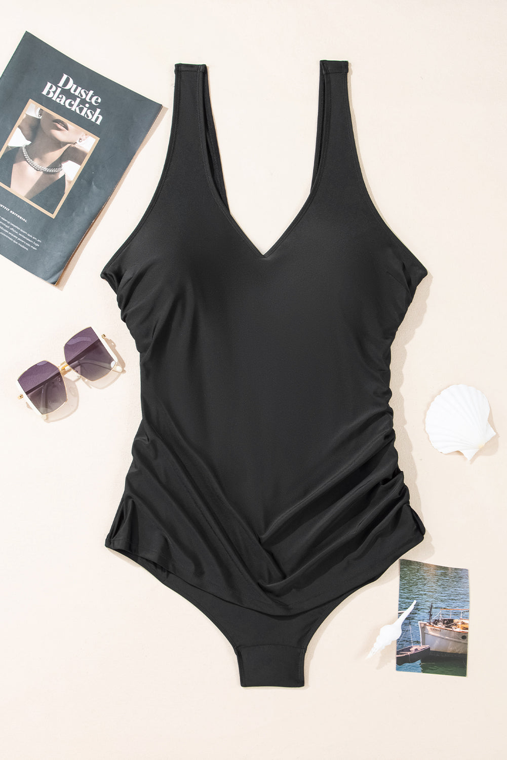 Black U Neck Padded Plus Size One Piece Swimsuit