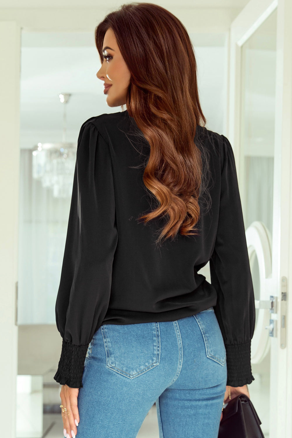 Women's Blouse with Surplice Neck Shirred Cuffs Draped