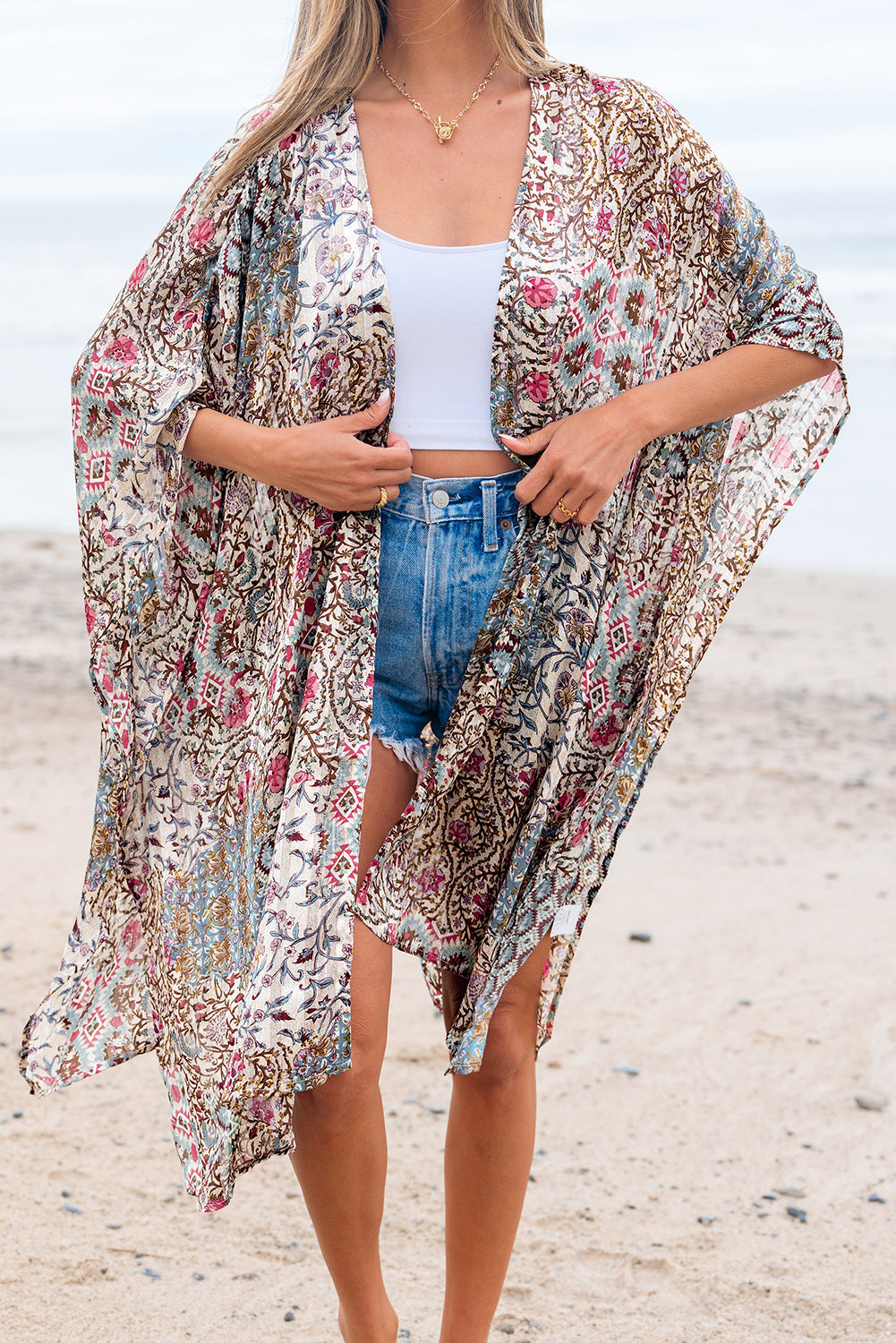 Floral Print Short Wide Sleeve Open Front Loose Kimono