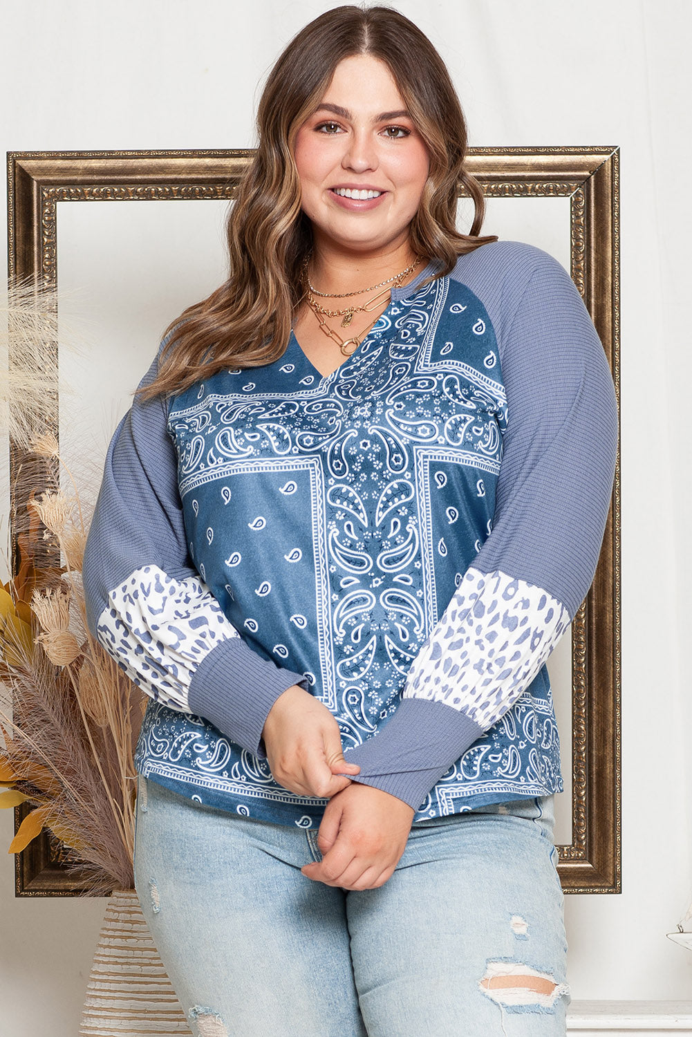 Women's Top with Plus Size Paisley Split Neck