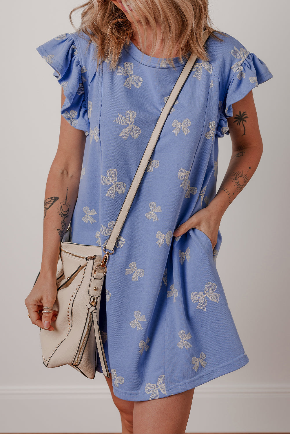 Bow Knot Print Crewneck Ruffled Sleeve Shift Mini Dress