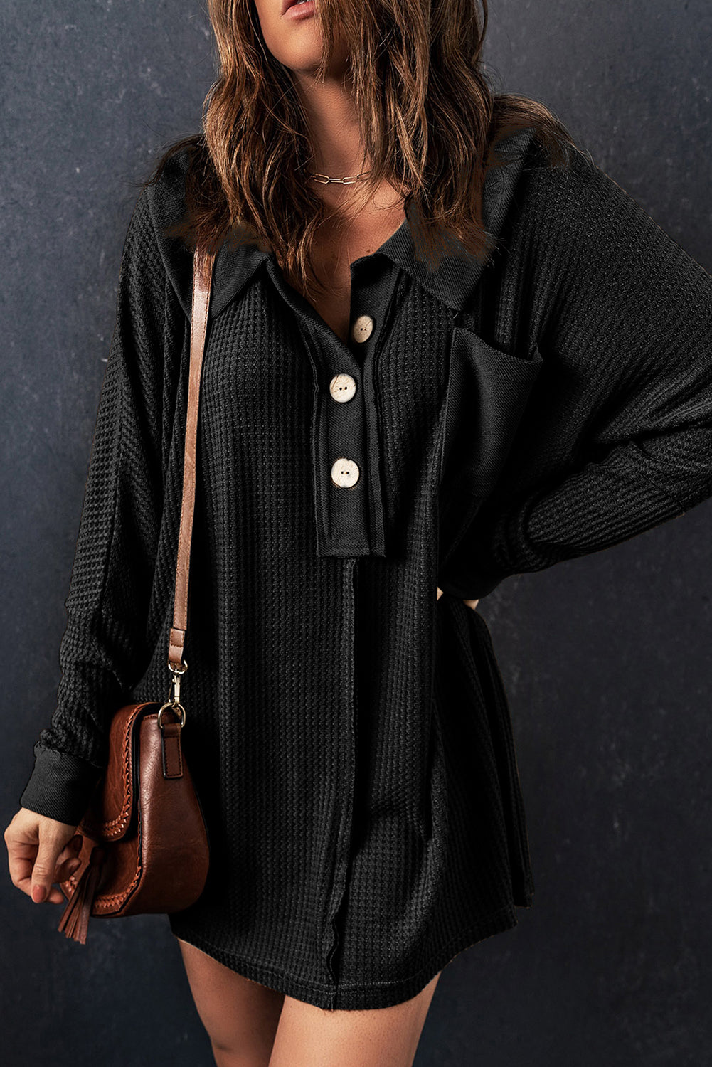 Women's Top Featuring Waffle Knitted Button-Front Long-Sleeve