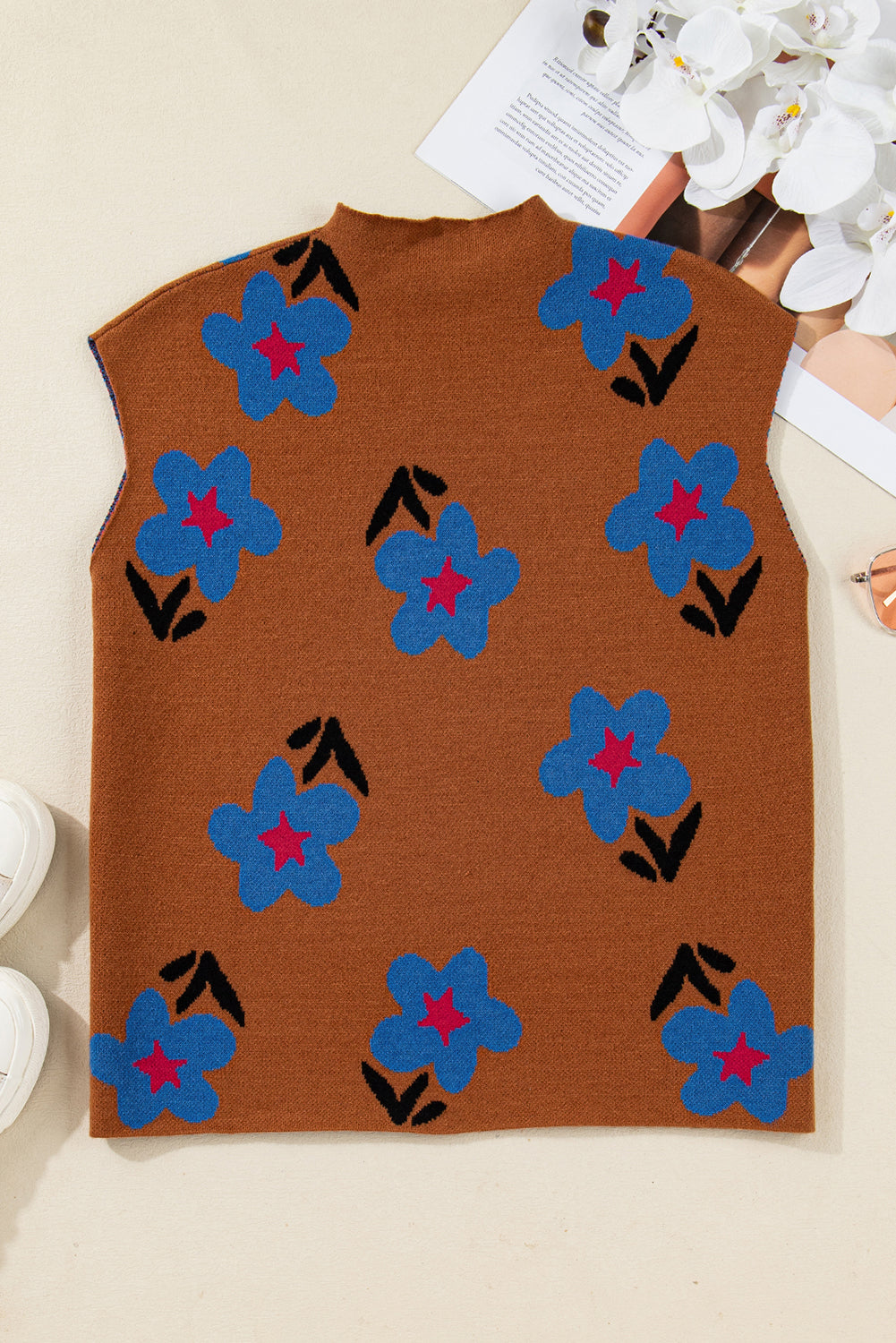 Floral Knit High Neck Top Vest