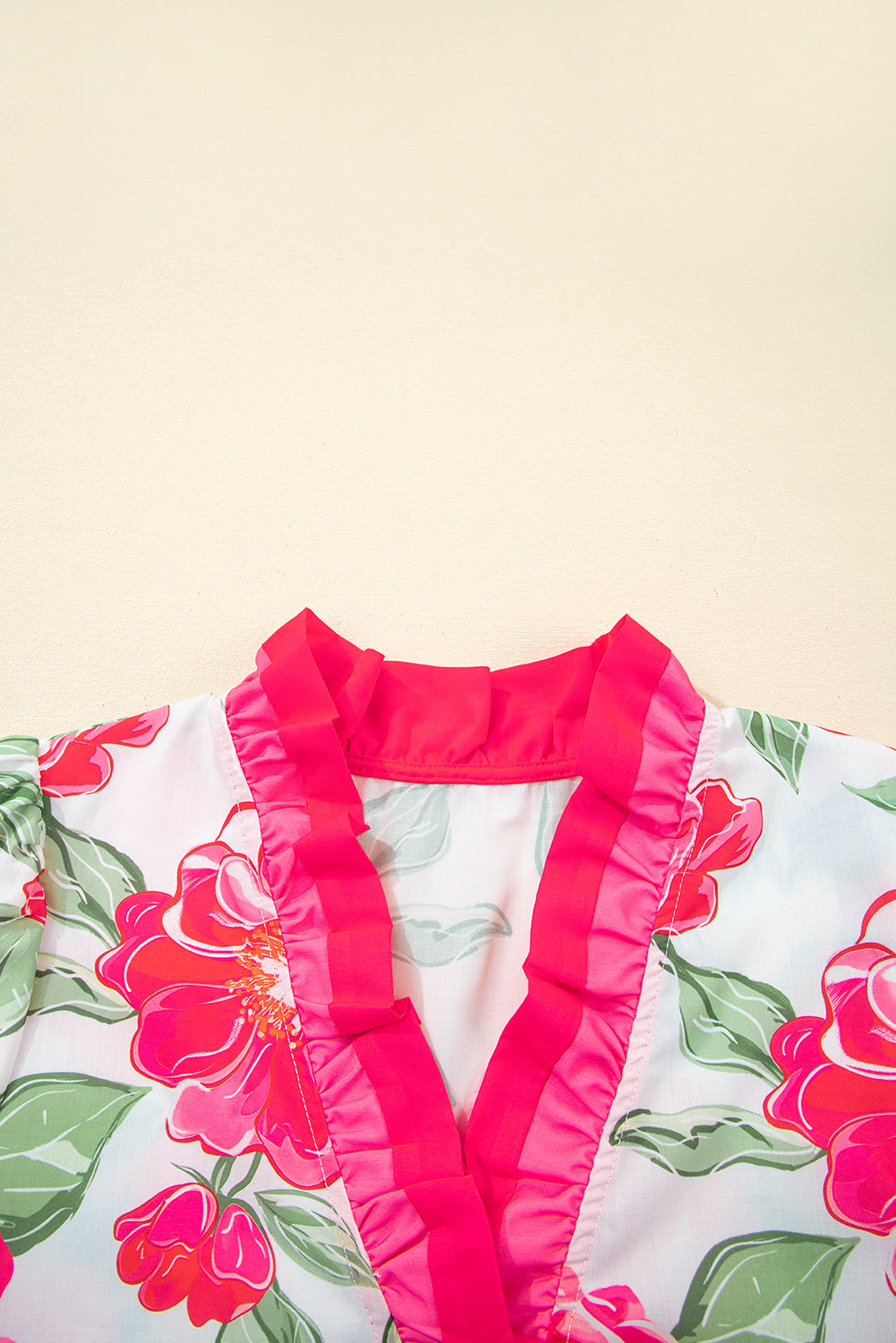 Frilled V-Neck Floral V-Neck Short-Sleeved Blouse Top