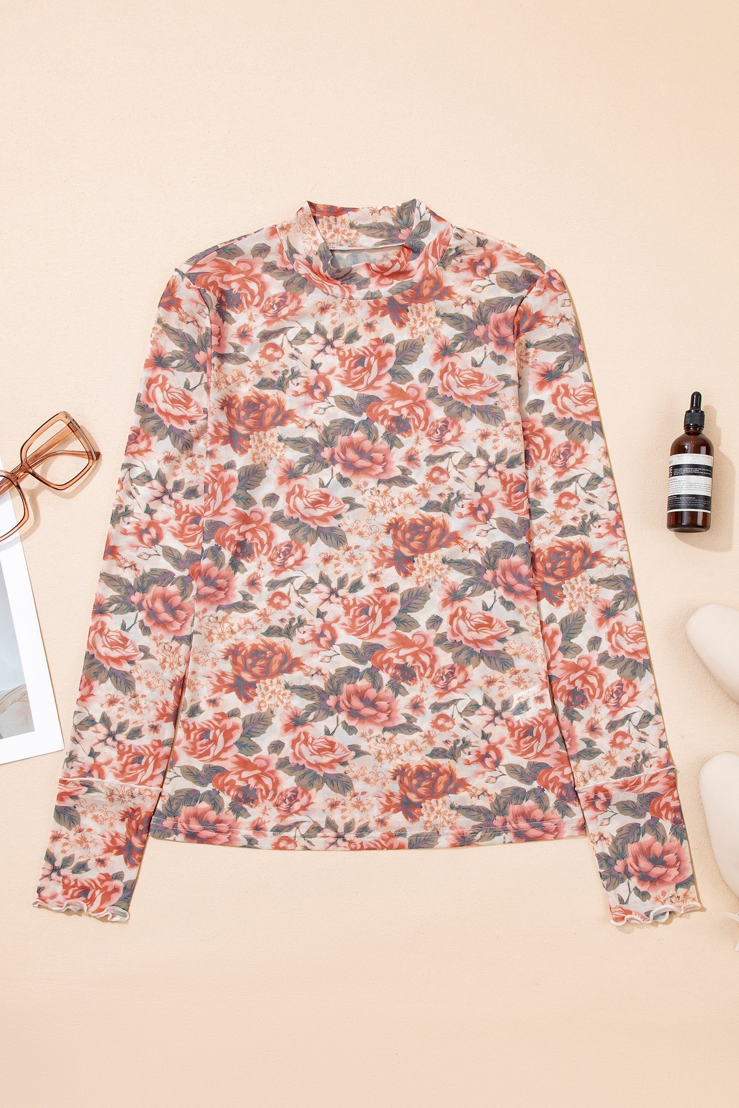 Mock-Neck Retro Floral-Print Mesh Long-Sleeved Top