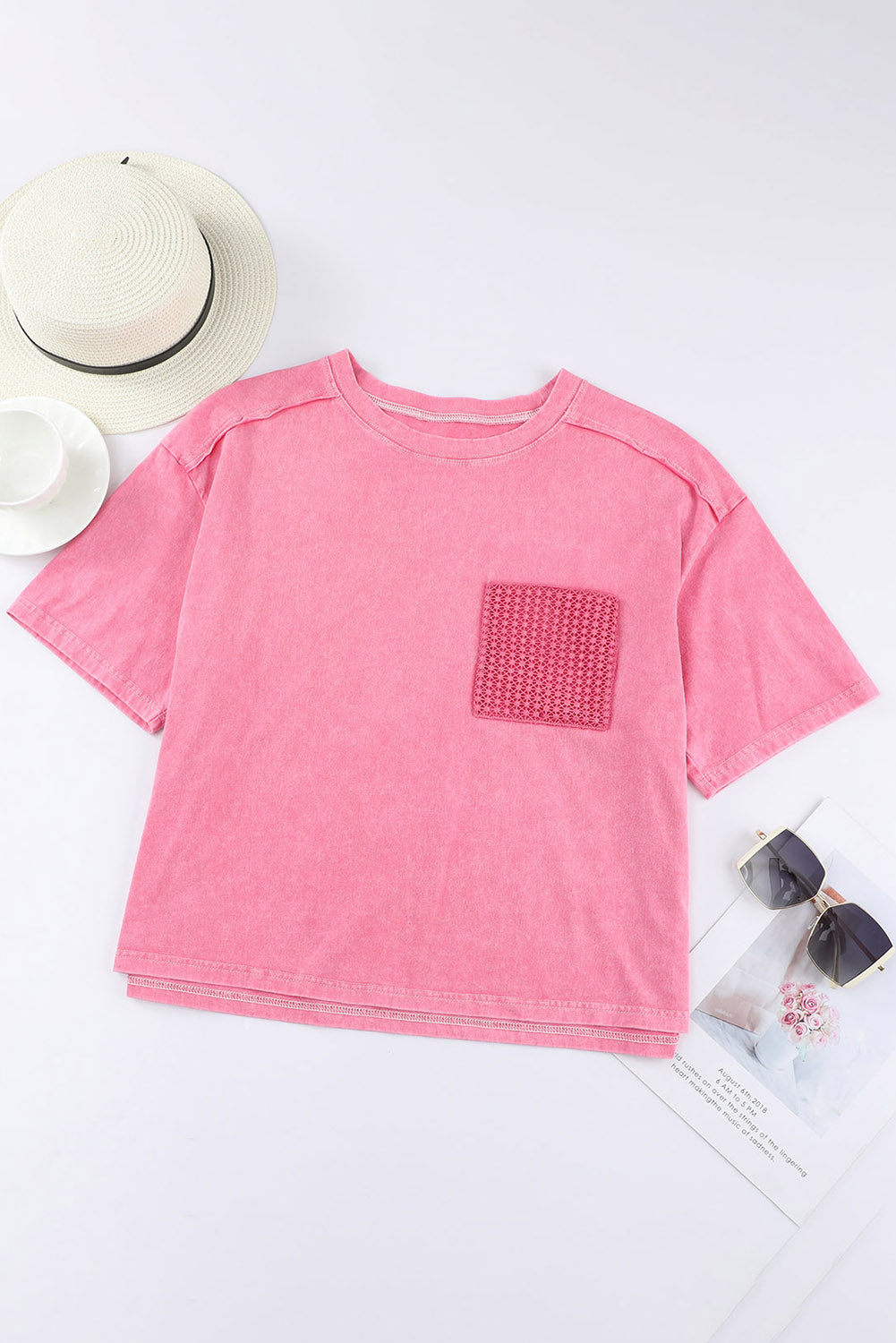 Women's T-shirt Featuring Lace-Trimmed Patch Pocket Acid Wash