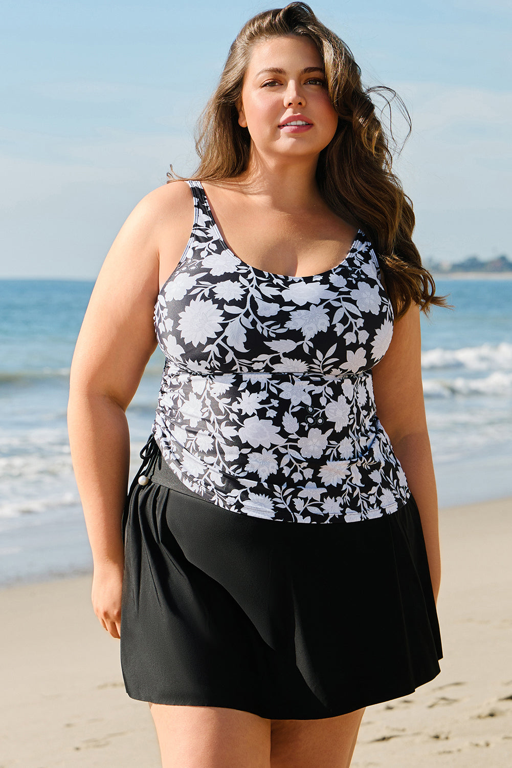 Plus Size Black Printed Ruffled Tankini Set