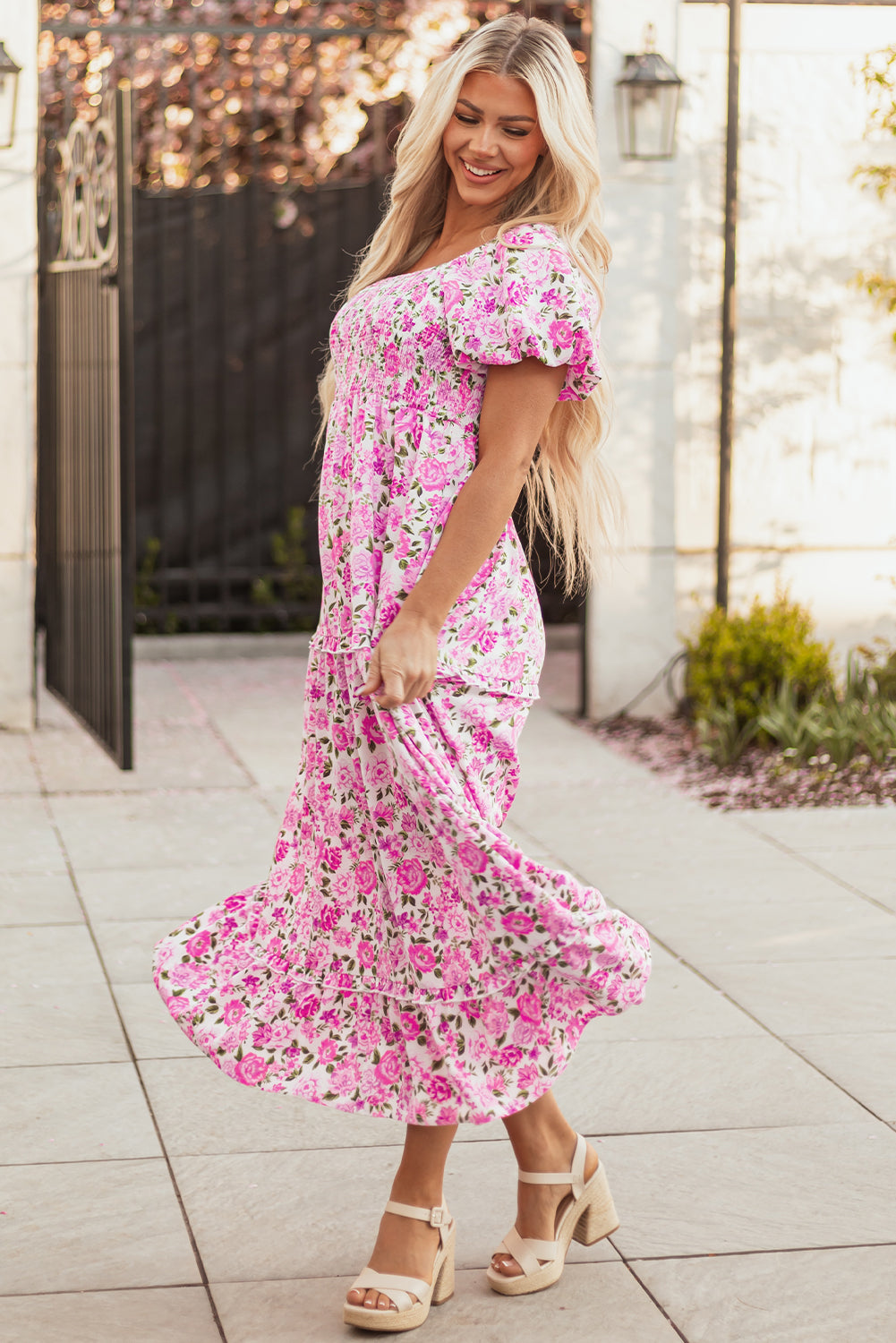 Smocked Dainty Floral Puff Sleeve Flowy Long Dress