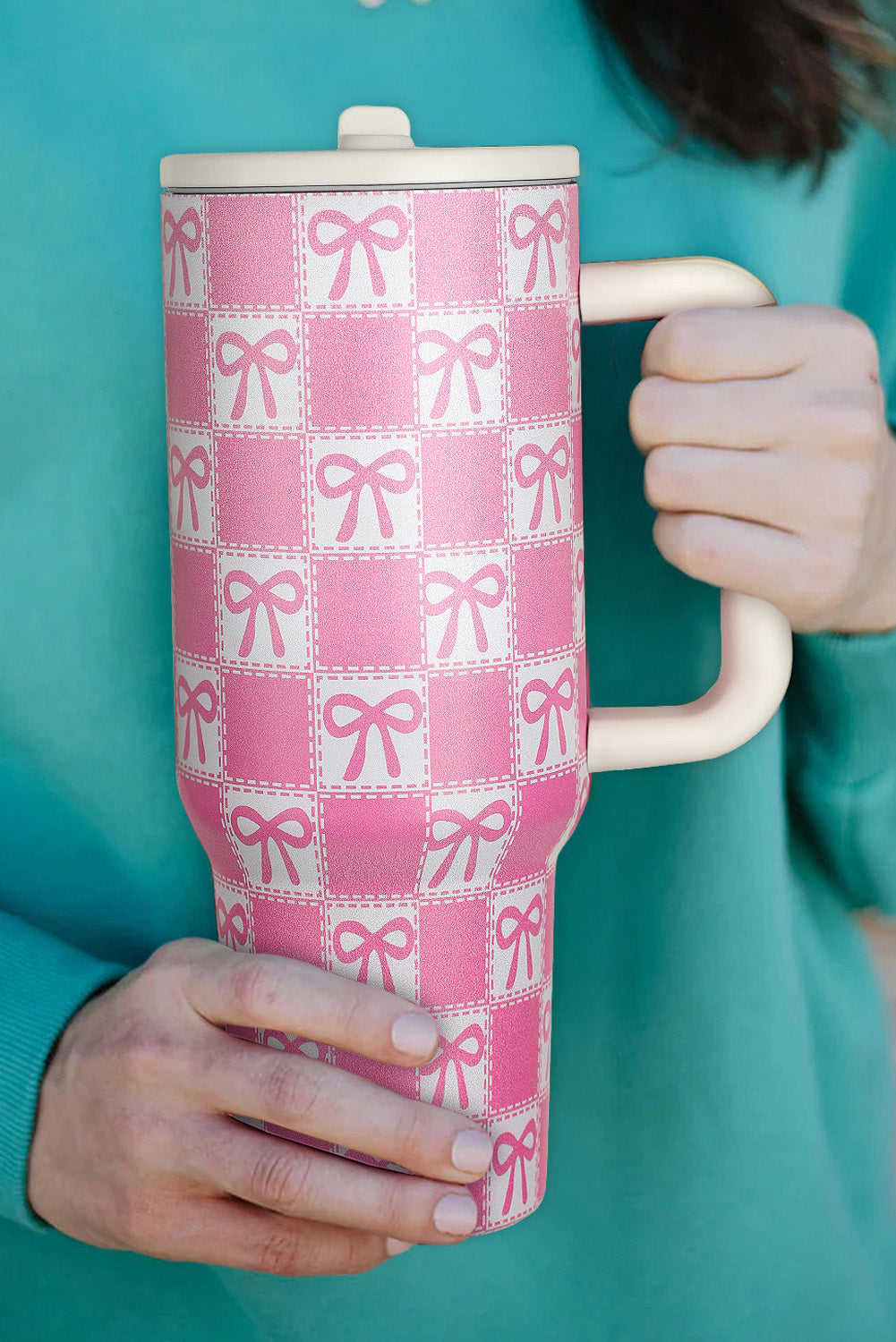 Checkered Bow Knot Print Handle Large Tumbler 40OZ