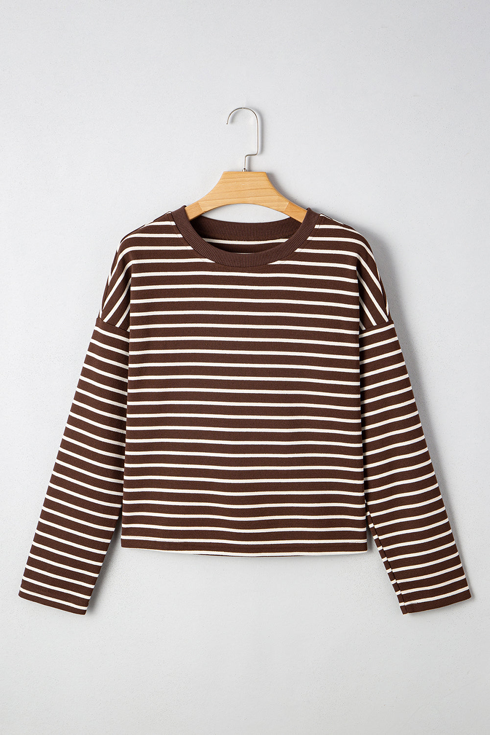 Cropped Stripe Rib-Knit Crew-Neck Long-Sleeved T Shirt in Brown