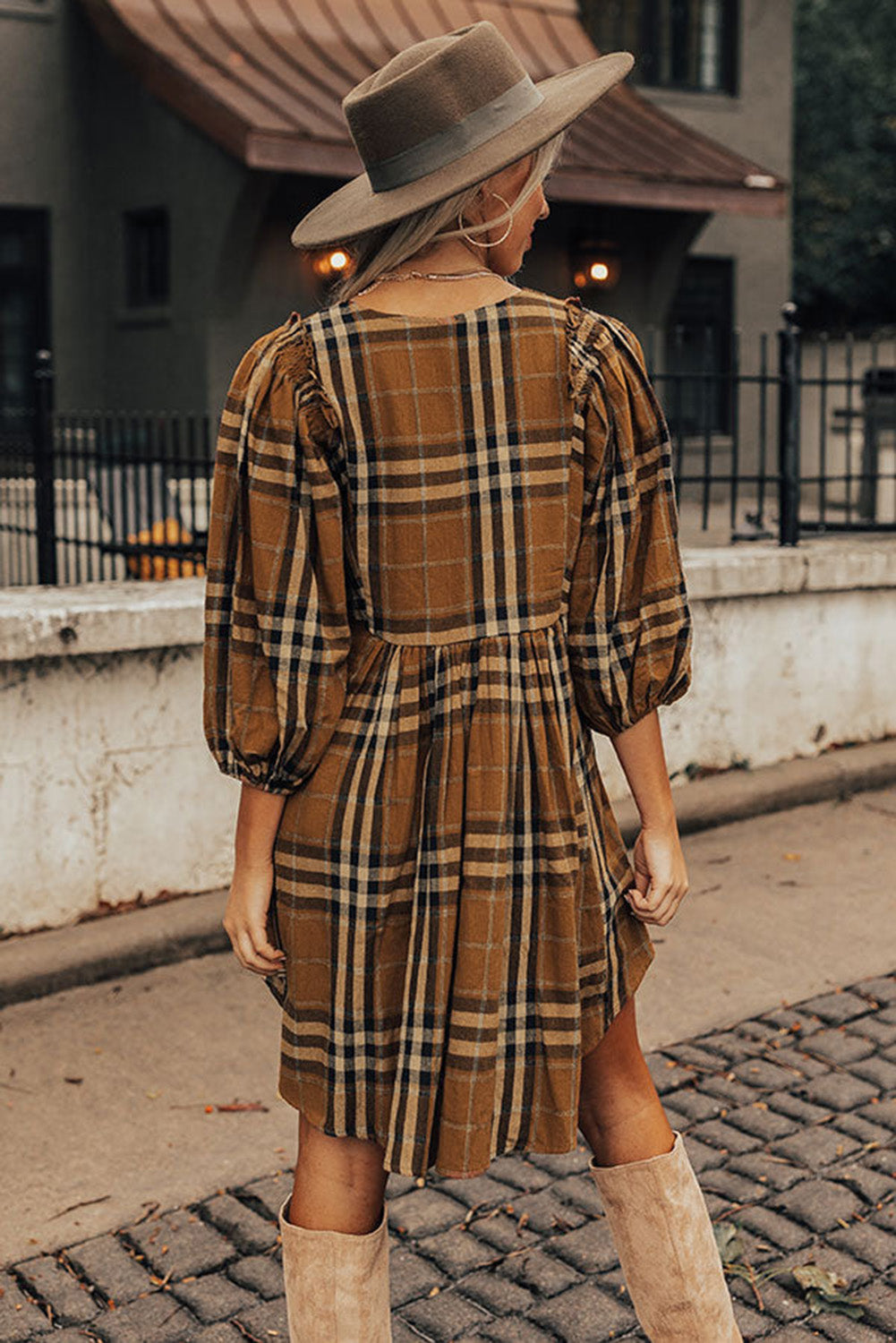 Women's Dress with Babydoll Plaid Pattern Empire-Waist
