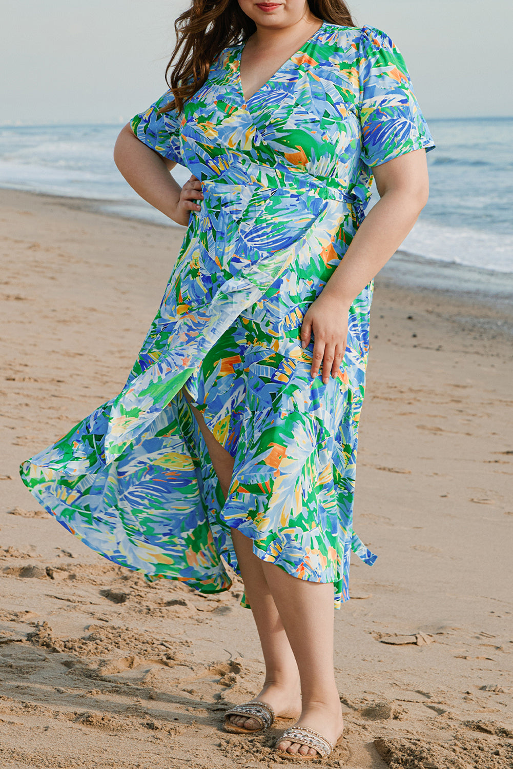 Leaves Print Ruffled Trim Plus Size Maxi Dress