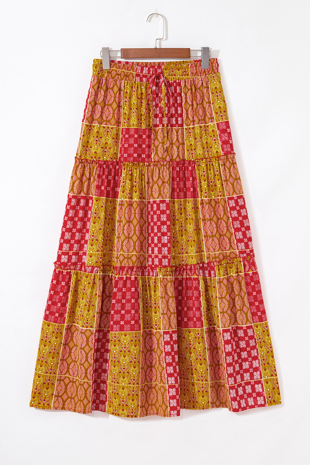 Tiered Pocket-Detail Paisley Print Maxi Skirt in Orange