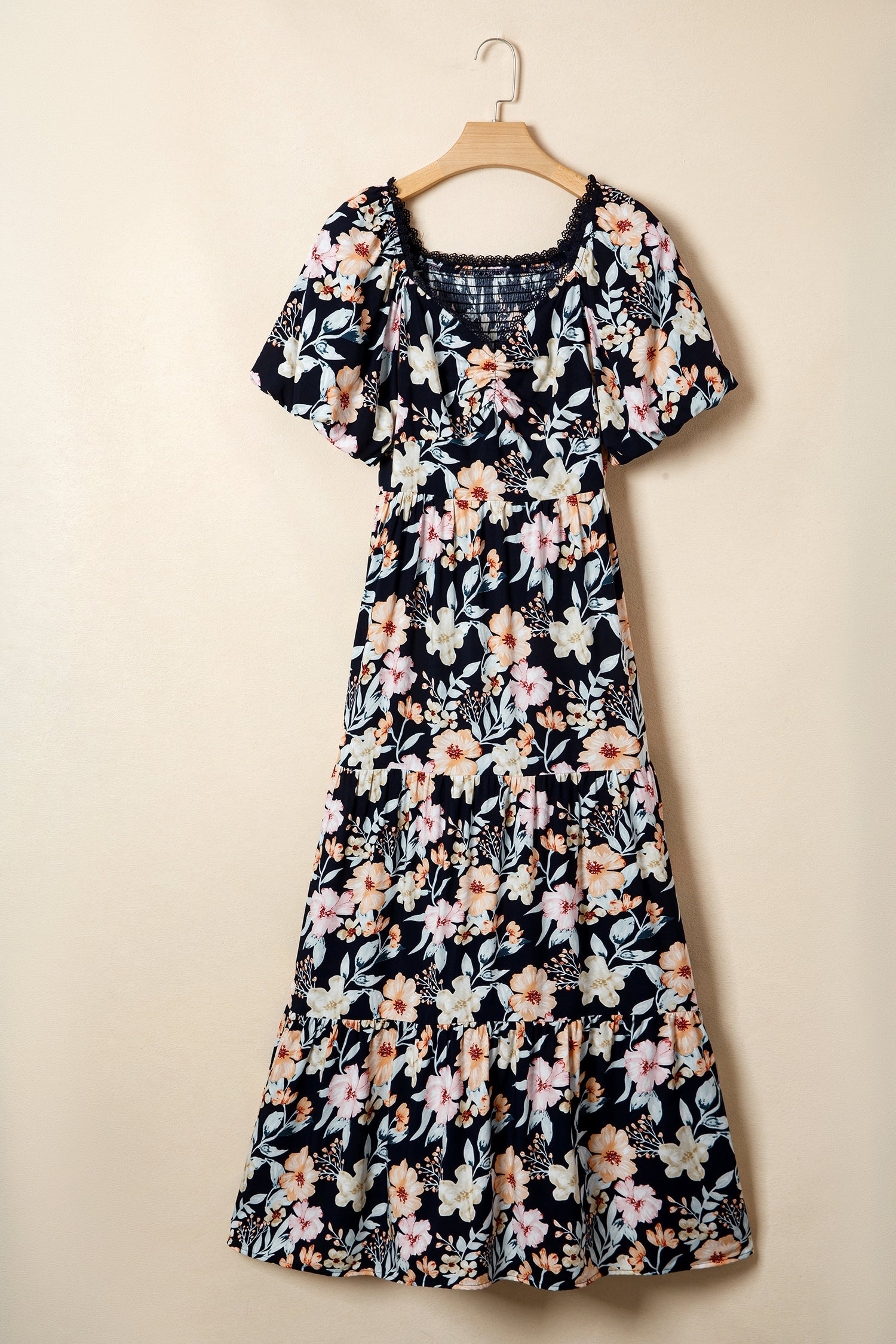 Short-Sleeved High-Waisted Smocked Detail Floral Maxi Dress
