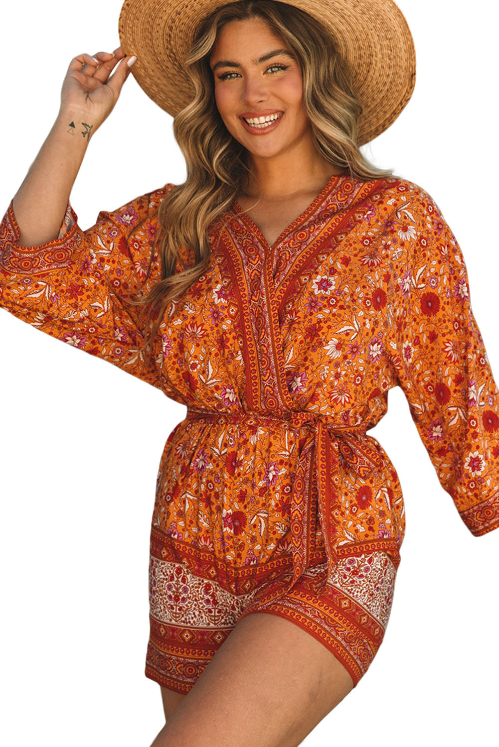 Women's Romper with Wrap Tie Waist Bohemian Floral-Print