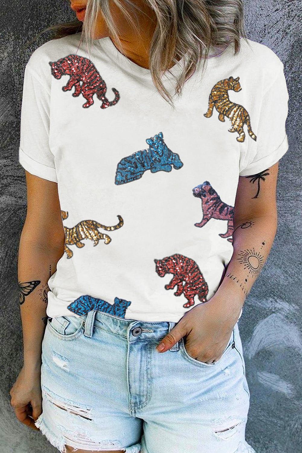 Women's T-shirt Featuring Shiny Tiger Patch Graphic-Print Summer