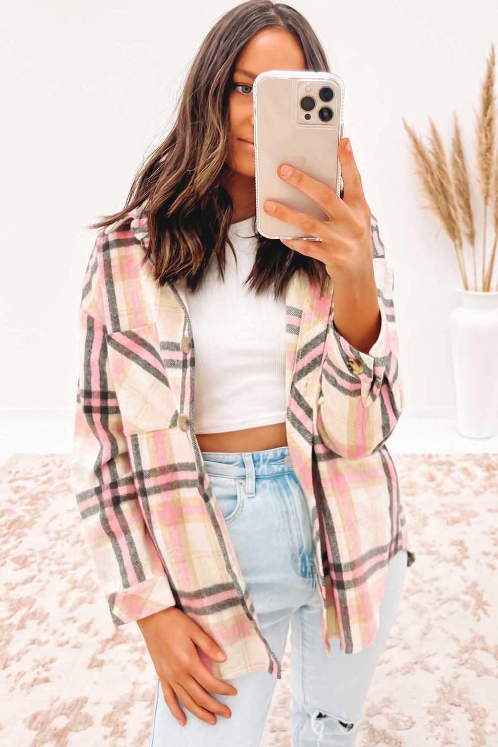 Women's Shacket Featuring Plaid Button Chest Pocket