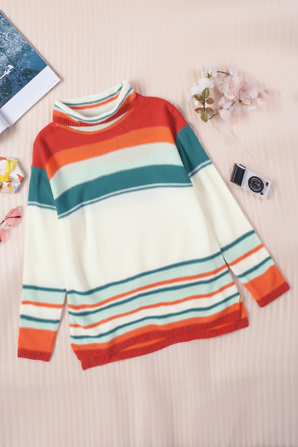 Knit Sweater for Women Cowl Neck Color-Block