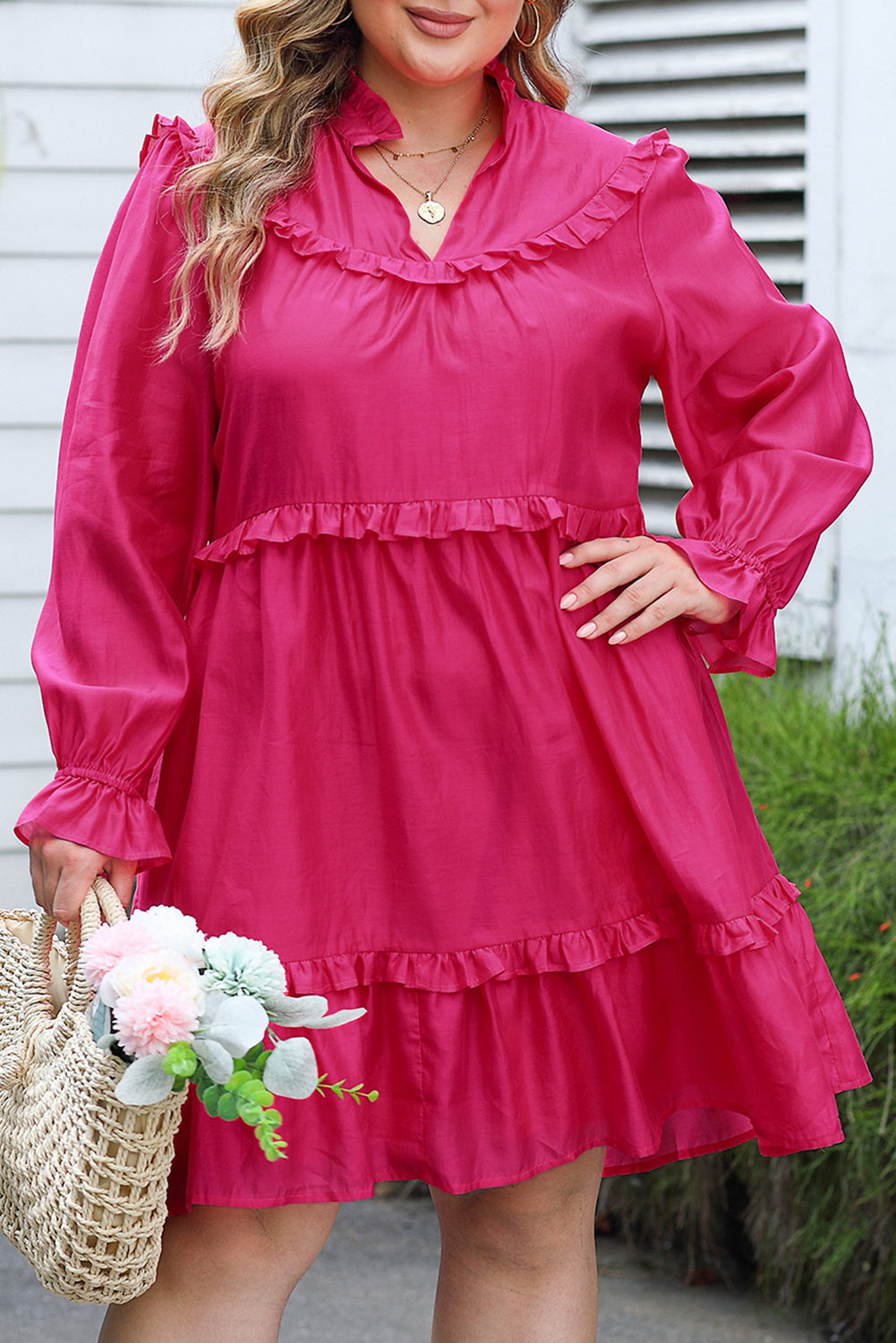 Dress for Women Plus Size Ruffle-Trimmed Bubble Sleeve