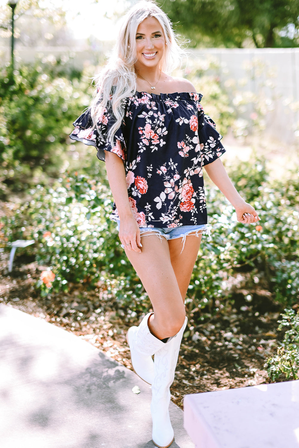 Women's Blouse Featuring Floral-Print Ruffle-Trimmed Flounce Sleeve