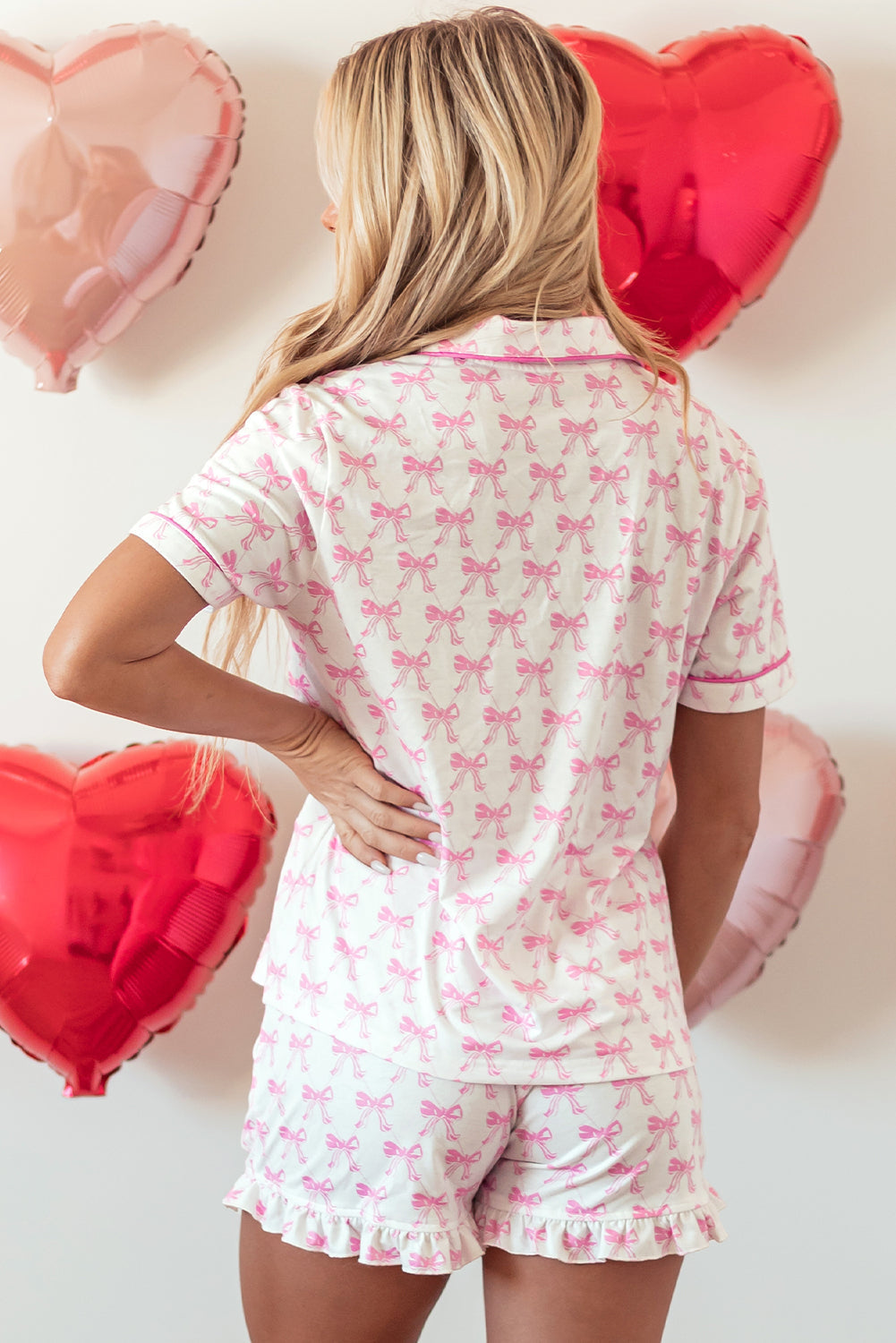 Bowknot and Printed Short-Sleeved Ruffled Shorts Pajama Set