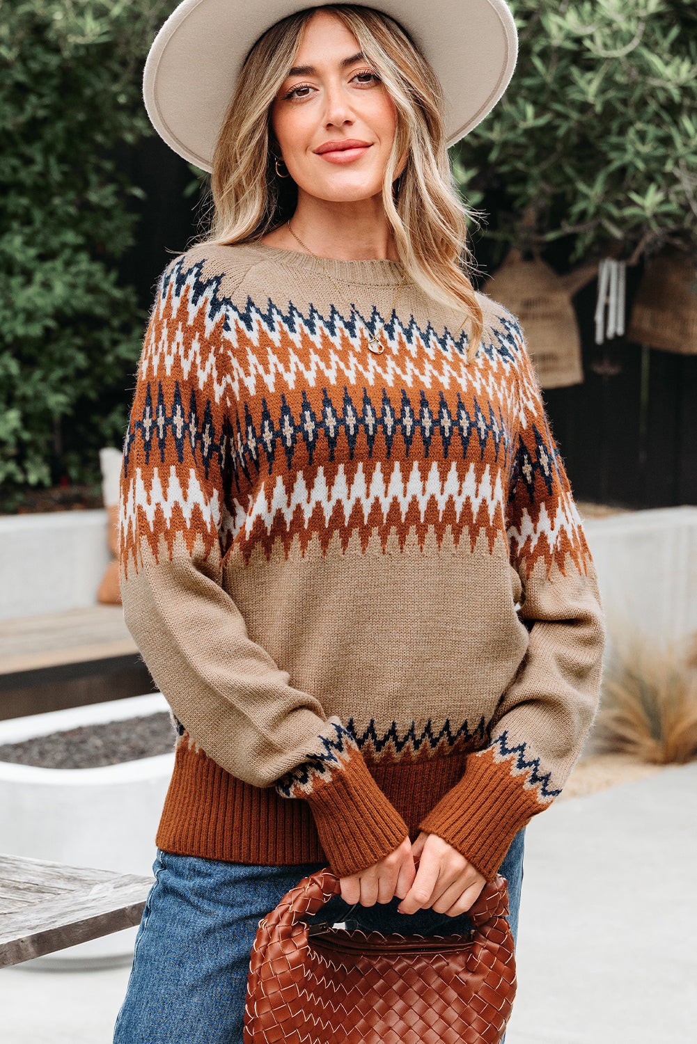 Colorblock Aztec Print Crew-Neck Knit Top