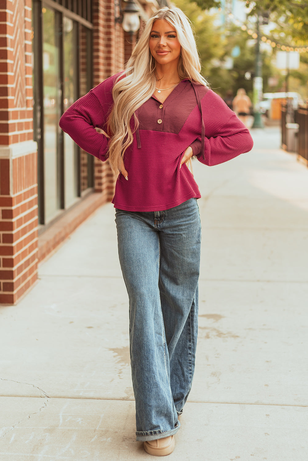 Patchwork Drop-Shoulder Waffle Drop-Shoulder Hooded Long-Sleeved Top in Red