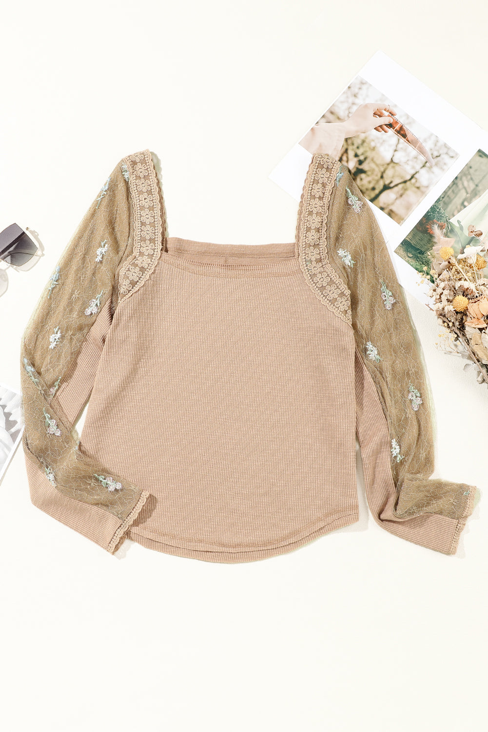 Women's Knit Top Featuring Floral-Print Gauze Rib-Knitted