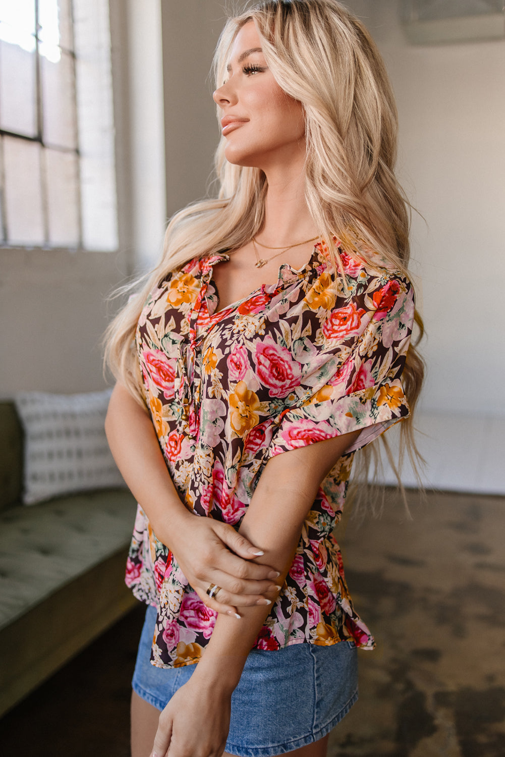 Floral Print Crew Neck Short Sleeve Shift Blouse