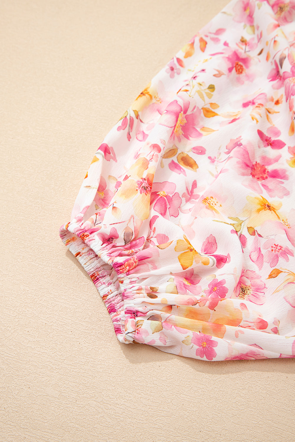 Floral-Print Smocked Tassel Tie V-Neck Puff Sleeve Tunic Blouse
