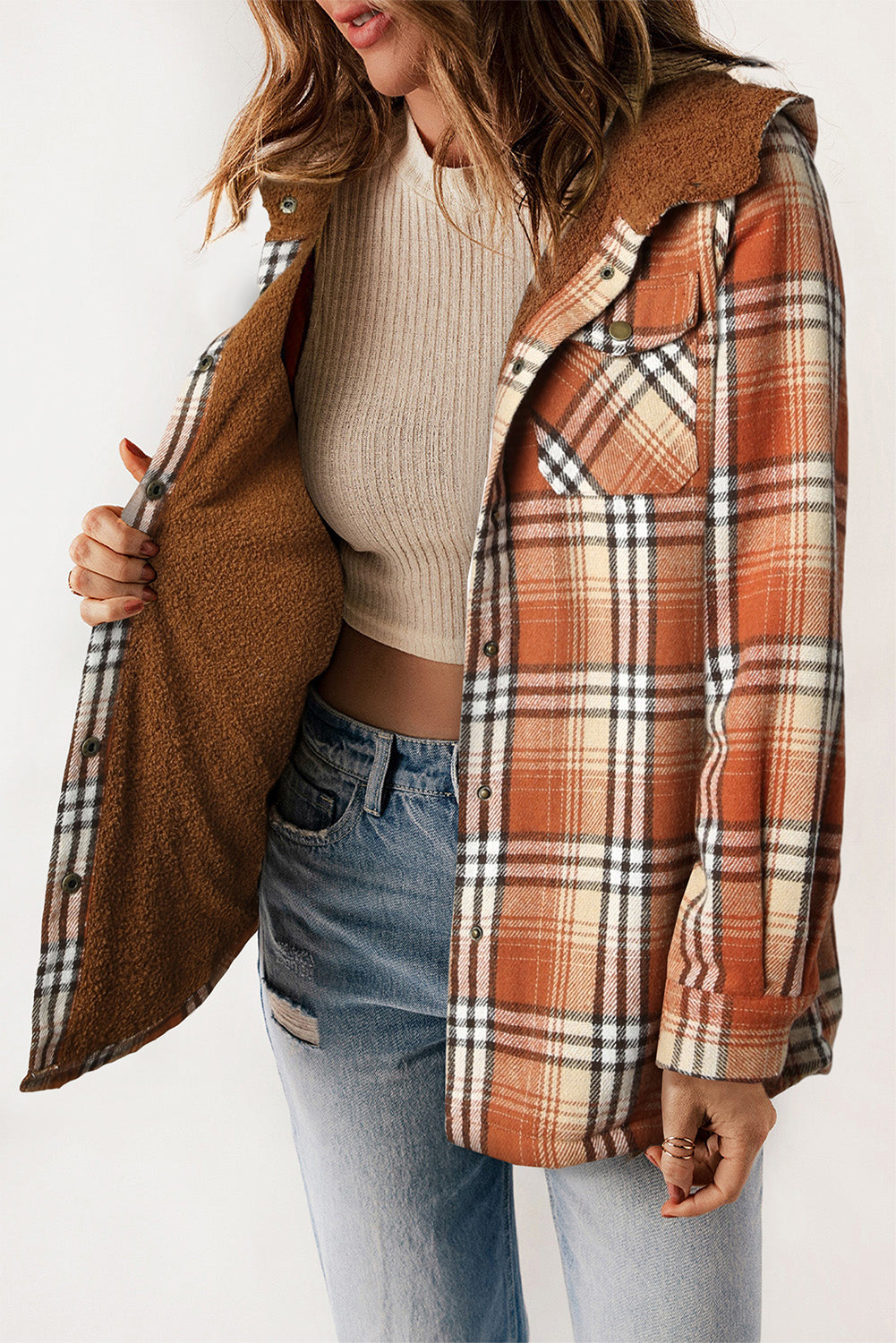 Shacket for Women Hooded Plaid Lined