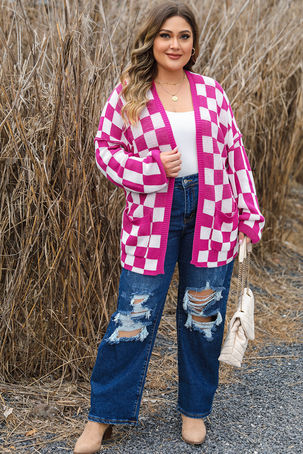 Women's Checked Pattern Plus Size Cardigan