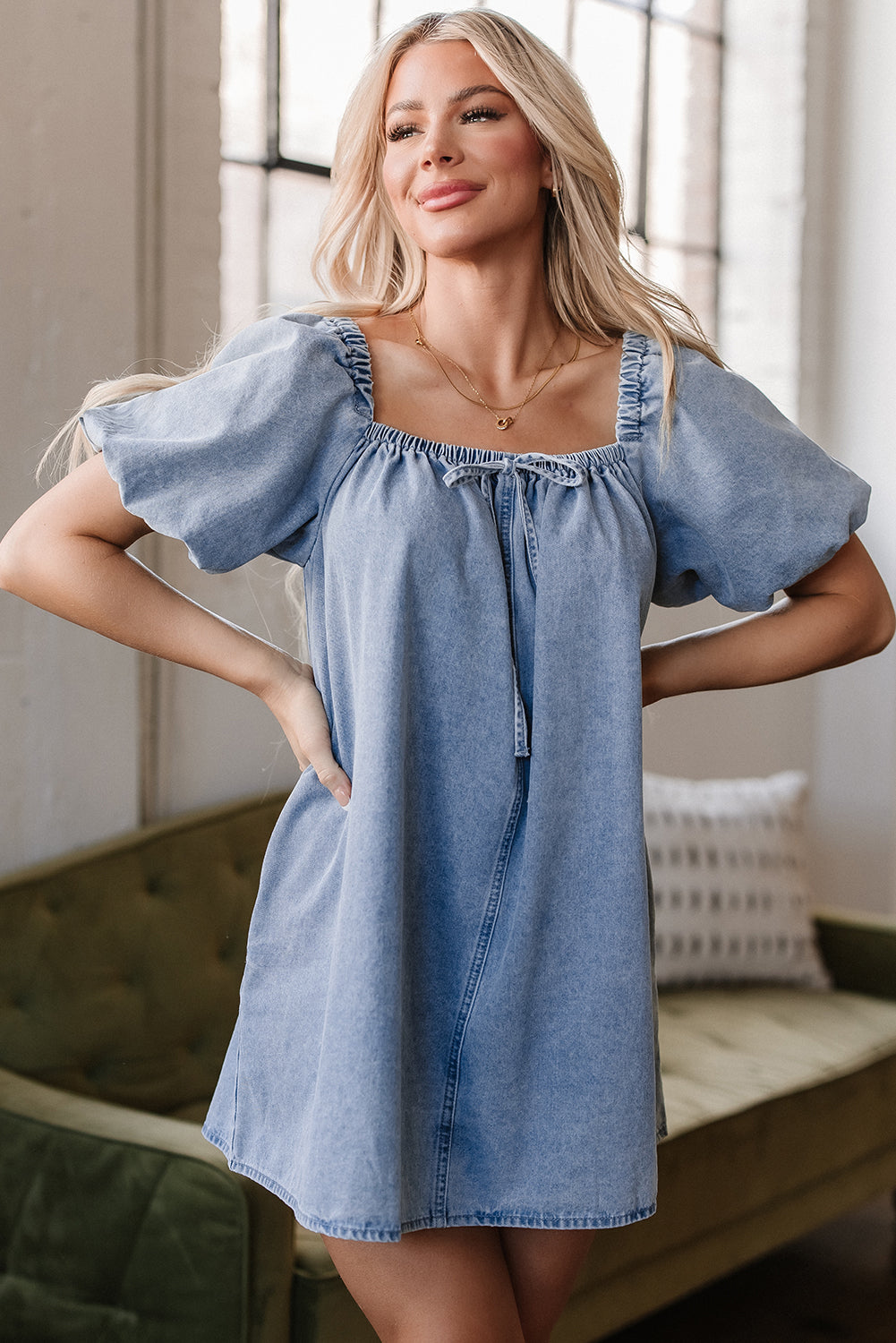 Bubble Neck Sleeve Square Denim Babydoll Dress