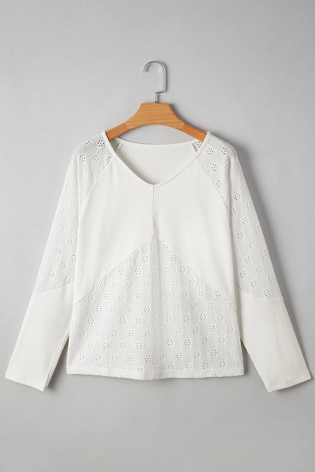 Twisted Embroidered Rib Patchwork Loose V-Neck Long-Sleeved Top