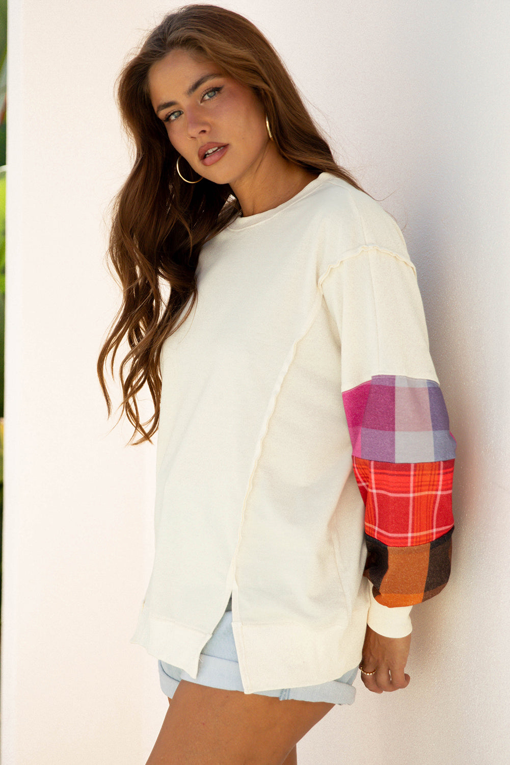 Contrast Plaid Long-Sleeved Exposed Seam Patchwork Top in Beige