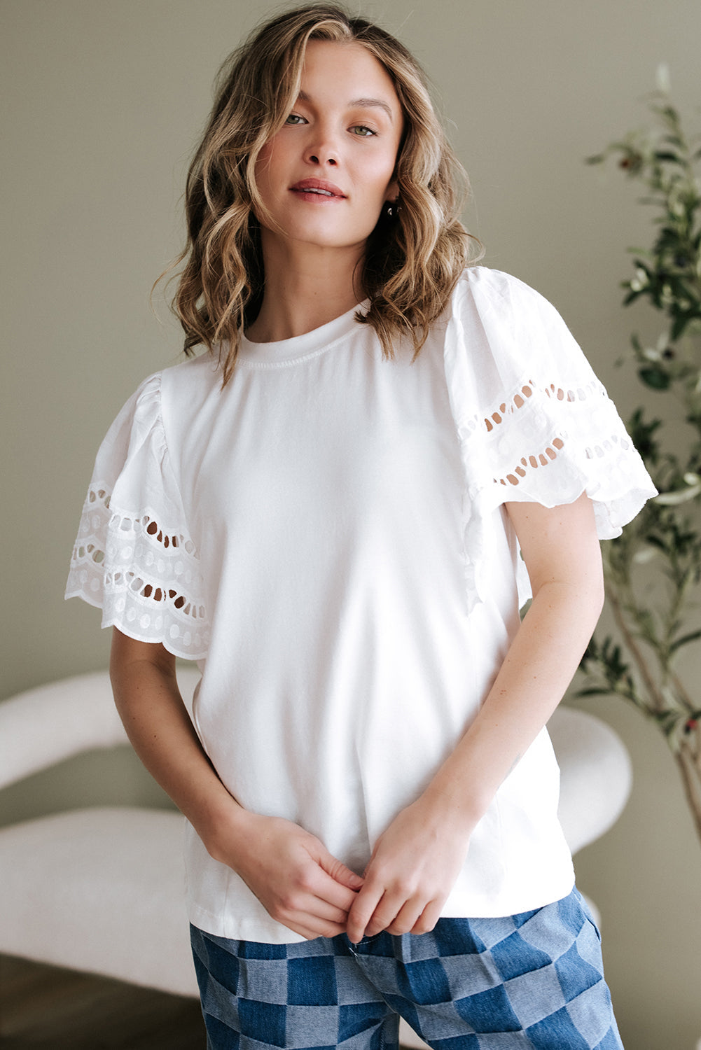 White Hollow Out Embroidered Short Sleeve Top
