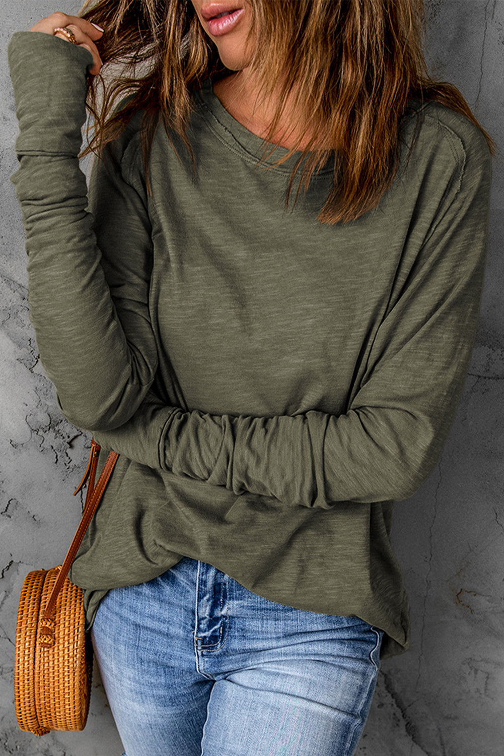 Women's Top Featuring Long-Sleeve Solid Crew Neck Everyday Style
