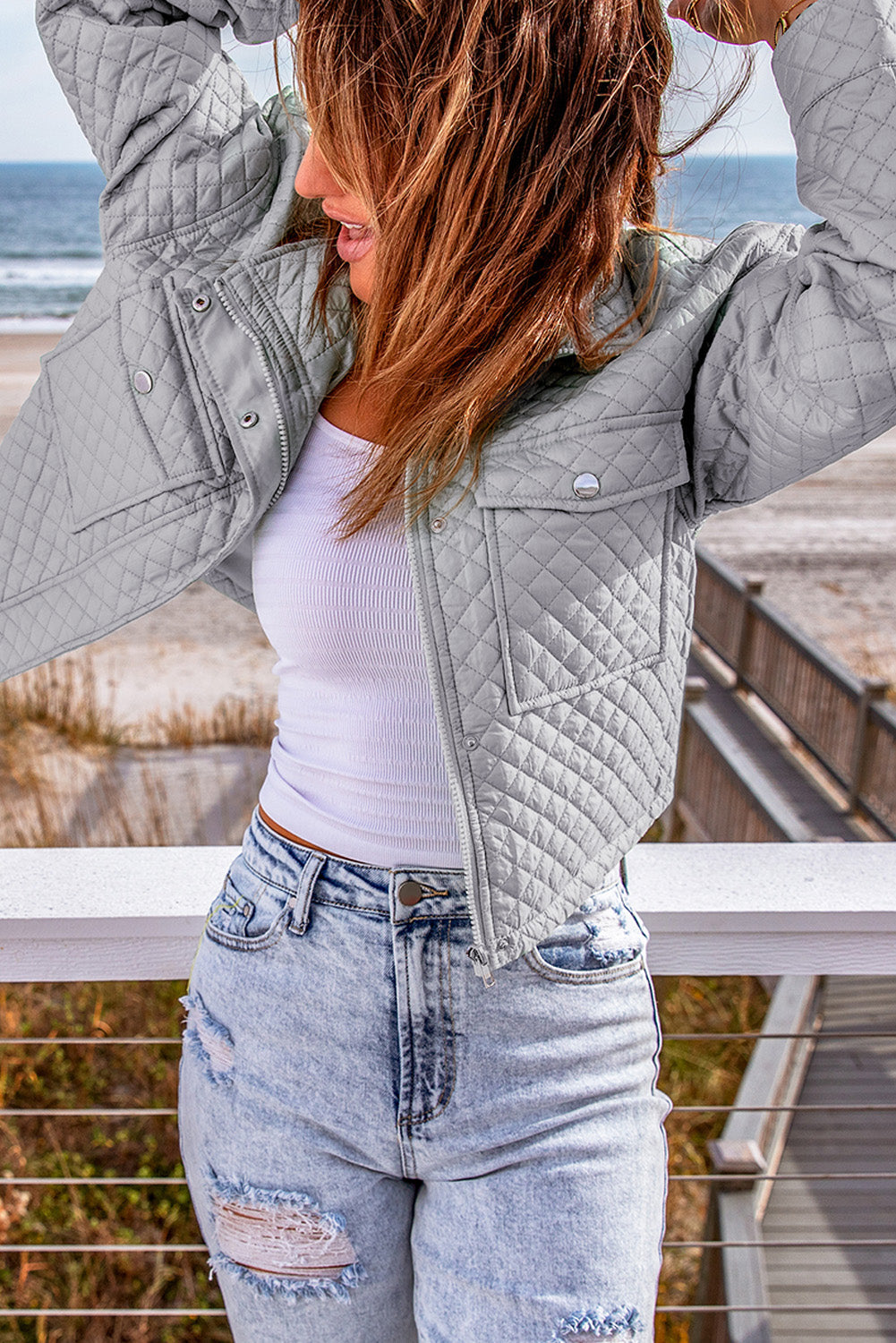 Women's Jacket with Cropped Quilted Zip-Front