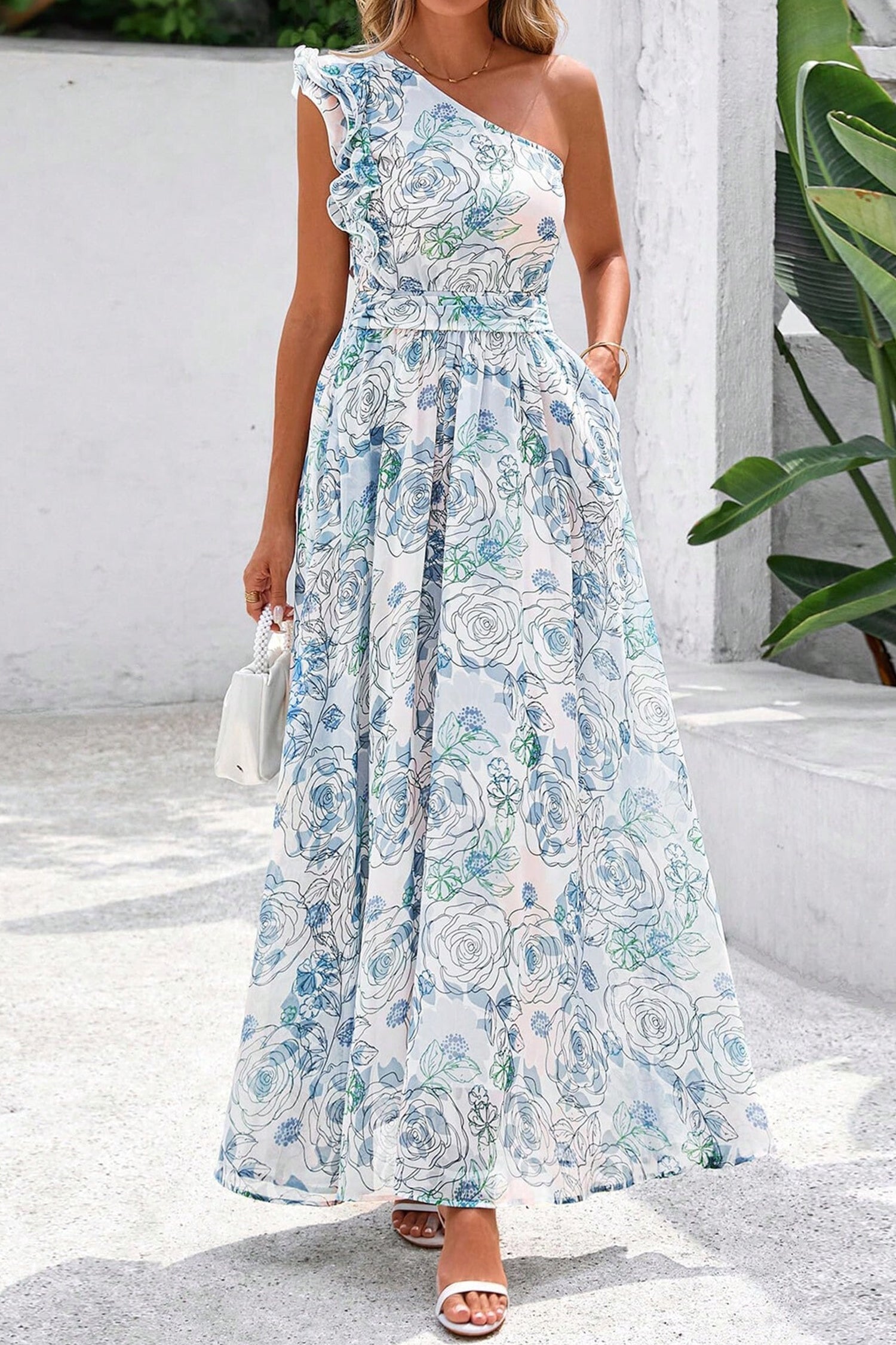 Floral-Print Ruffled One Shoulder Vacation Maxi Dress in Sky Blue