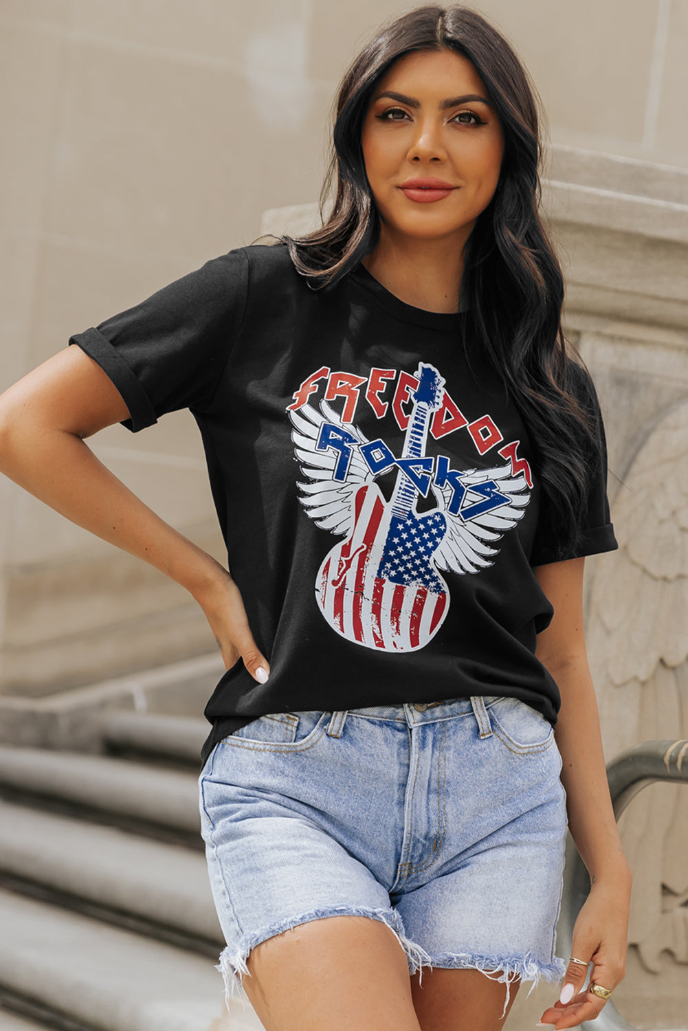 Tee for Women American Flag Guitar Print Crew Neck