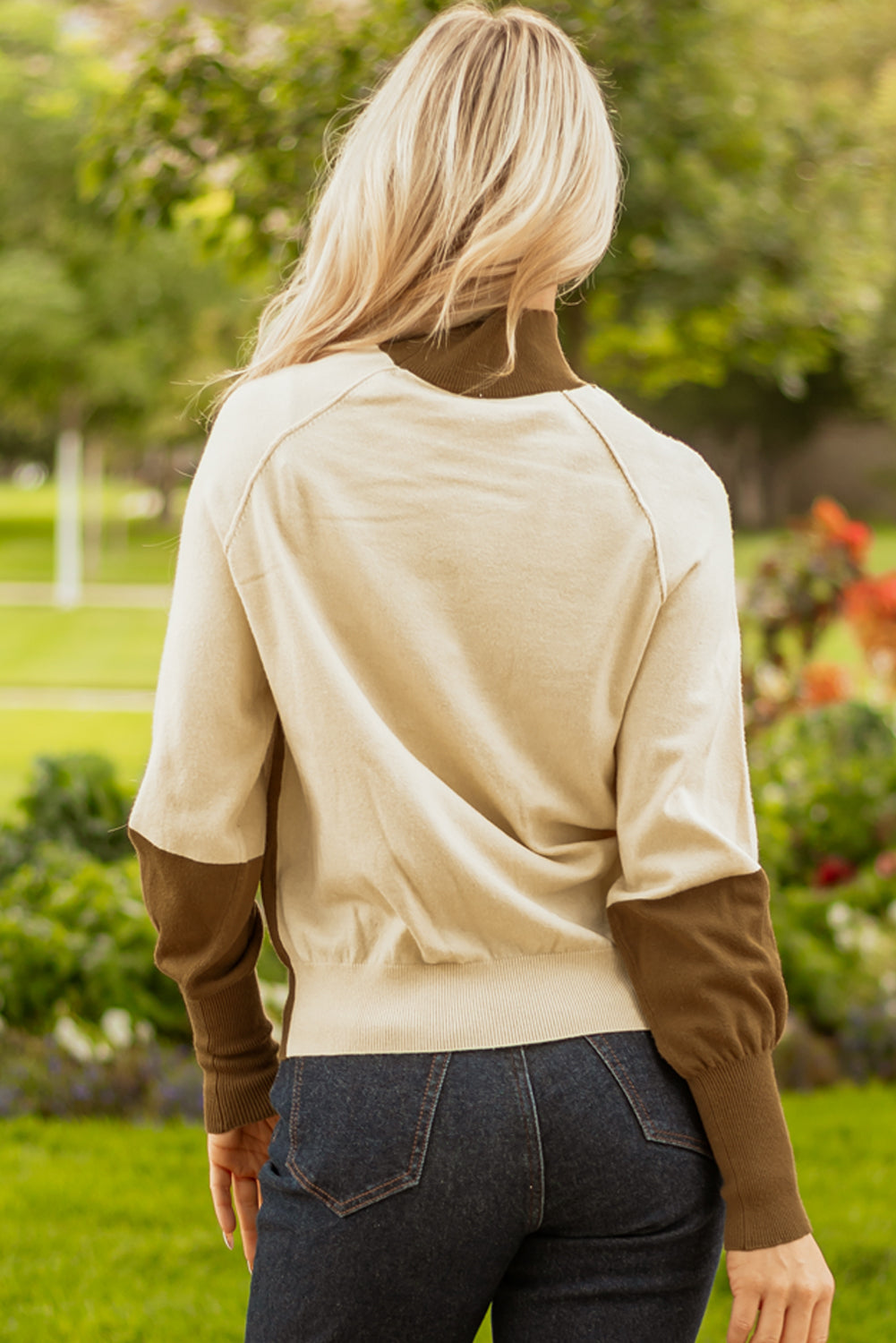 Raglan Puff Colorblock Puff Sleeve Mock-Neck Knit Top
